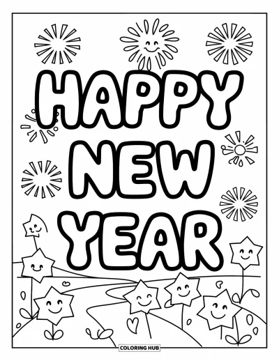 Coloriage Bonne Année pour enfants : Étoiles ludiques le long d'un "Happy New Year" ondulé