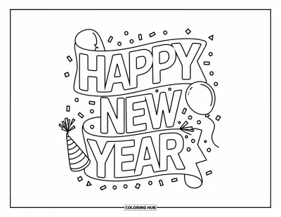 Coloriage Bonne Année pour enfants : "Happy New Year" en ruban avec champagne, ballon et chapeau