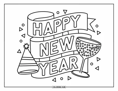 Coloriage Bonne Année pour enfants : Texte en ruban avec chapeau de fête, bouteille et flûte de champagne