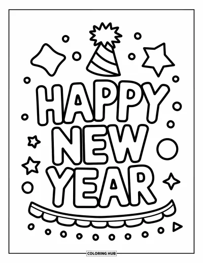 Coloriage Bonne Année pour enfants : Simple chapeau de fête portant le texte "Happy New Year"