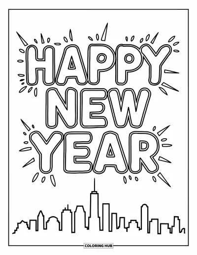 Coloriage Bonne Année pour enfants : Silhouette de gratte-ciels sous un "Happy New Year" lumineux
