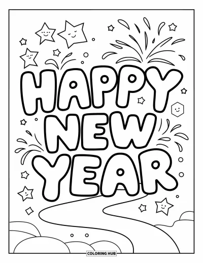 Coloriage Bonne Année pour enfants : Étoiles souriantes et feux d'artifice avec de grosses lettres du Nouvel An