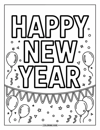 Coloriage Bonne Année pour enfants : "Happy New Year" empilé avec des confettis et une banderole