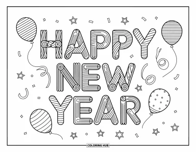 Coloriage Bonne Année pour enfants : Spirales et ballons empilés composant "Happy New Year"