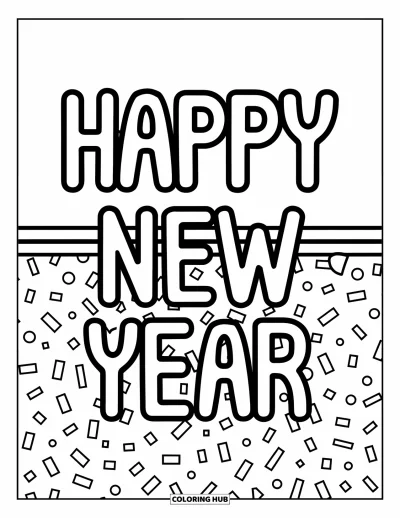Coloriage Bonne Année pour enfants : "Happy New Year" vertical empilé avec des confettis