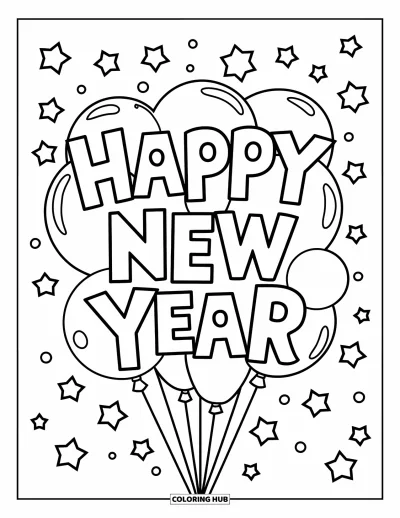 Coloriage Bonne Année pour enfants : Étoiles et ballons flottant avec "Happy New Year"