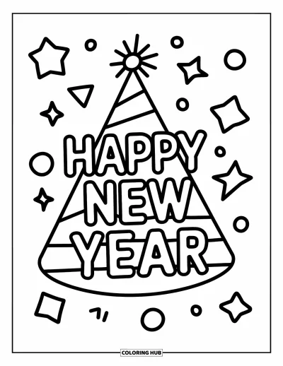 Coloriage Bonne Année pour enfants : Étoiles et formes entourant un chapeau de fête avec un message