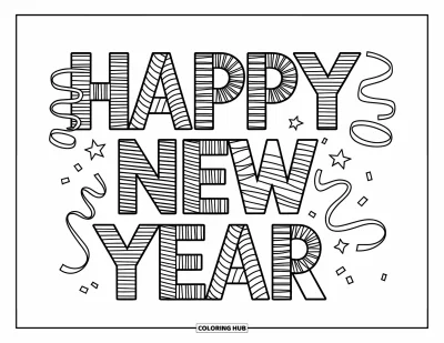 Coloriage Bonne Année pour enfants : Serpentins et étoiles formant le texte "Happy New Year"