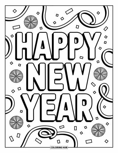 Coloriage Bonne Année pour enfants : Serpentins enroulés autour de grandes lettres du Nouvel An