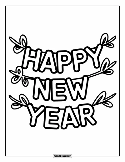 Coloriage Bonne Année pour enfants : Guirlande avec des lettres tourbillonnantes "Happy New Year"