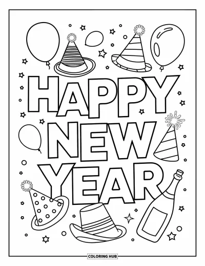 Coloriage Bonne Année pour enfants : Hauts-de-forme et serpentins formant "Happy New Year"