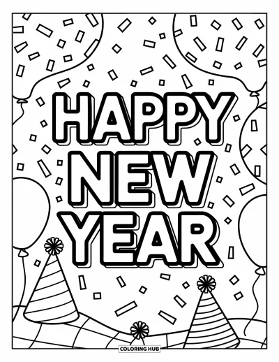 Coloriage Bonne Année pour enfants : "Happy New Year" vertical entouré de chapeaux de fête