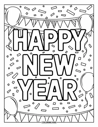 Coloriage Bonne Année pour enfants : "Happy New Year" vertical avec des ballons et des serpentins