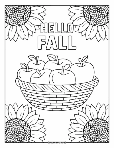 Coloriage Bonjour l'Automne pour adultes : Un panier de pommes est niché dans des mandalas de tournesols sous le titre Hello Fall