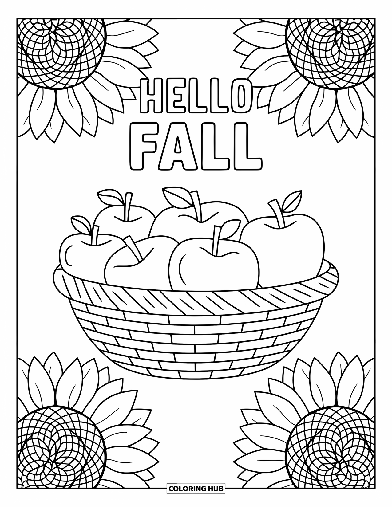 Hello Fall Coloring Page for Adults: A basket of apples sits inside sunflower mandalas under a Hello Fall heading