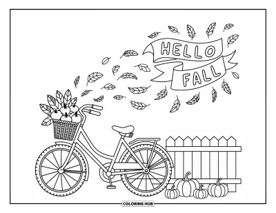 Coloriage Bonjour l'Automne pour adultes : Un vélo garé tranquillement près d'un verger lumineux avec des pommes et des citrouilles dans le panier