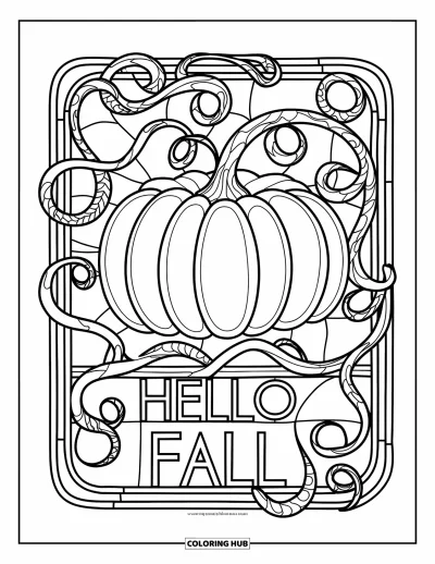 Coloriage Bonjour l'Automne pour adultes : Une citrouille généreuse avec des vignes est encadrée par des vitraux et Hello Fall