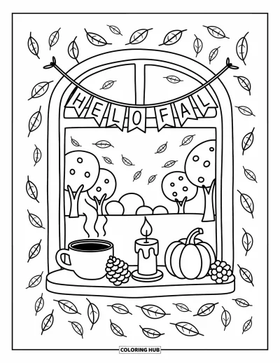Coloriage Bonjour l'Automne pour adultes : Une bougie brille près d'une citrouille sur un rebord de fenêtre avec des arbres dorés à l'extérieur