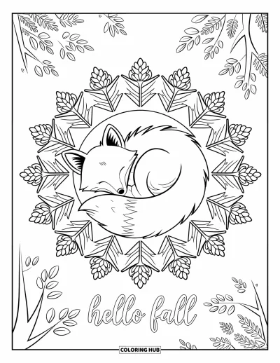 Coloriage Bonjour l'Automne pour adultes : Un renard roulé en boule repose dans un mandala de pommes de pin avec des feuilles et Hello Fall en dessous