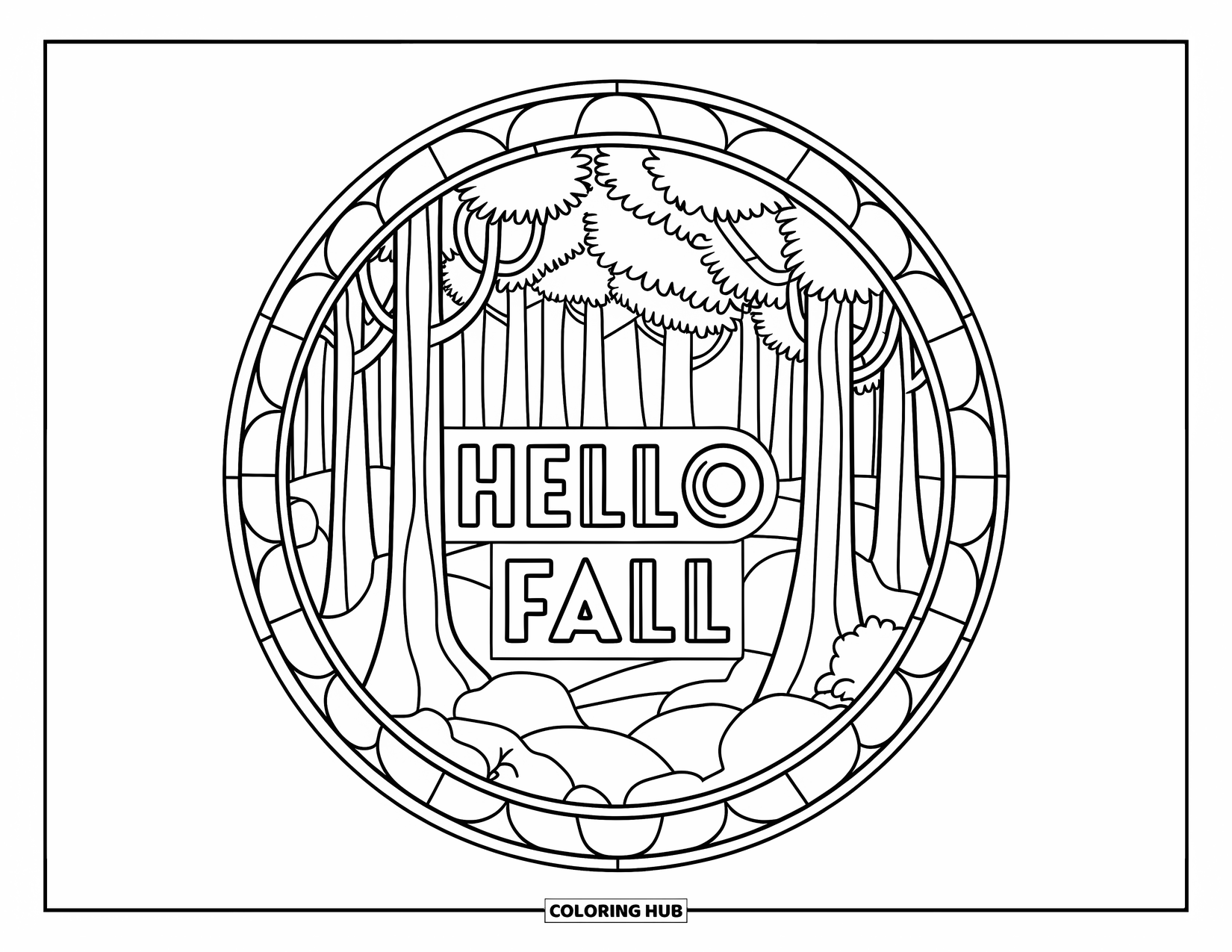 Hello Fall Coloring Page for Adults: A forest scene sits inside a circular stained glass with Hello Fall above the trees