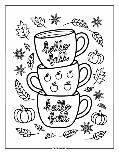 Coloriage Bonjour l'Automne pour adultes : Une écharpe tricotée et un panier de pommes posés sur des marches de véranda avec de délicats détails automnaux