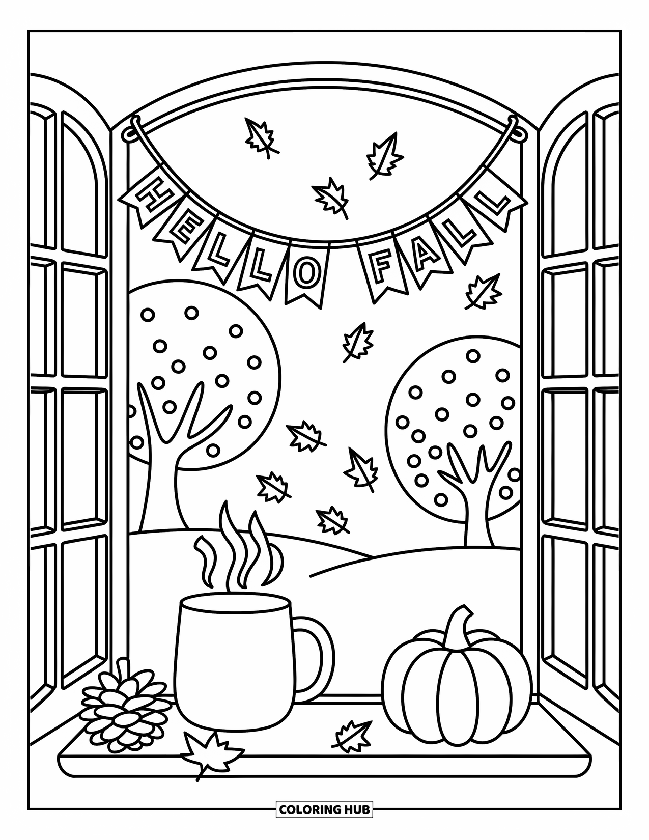 Hello Fall Coloring Page for Adults: A mug, pumpkin, and candle sit on a cozy windowsill with swirling leaves outside