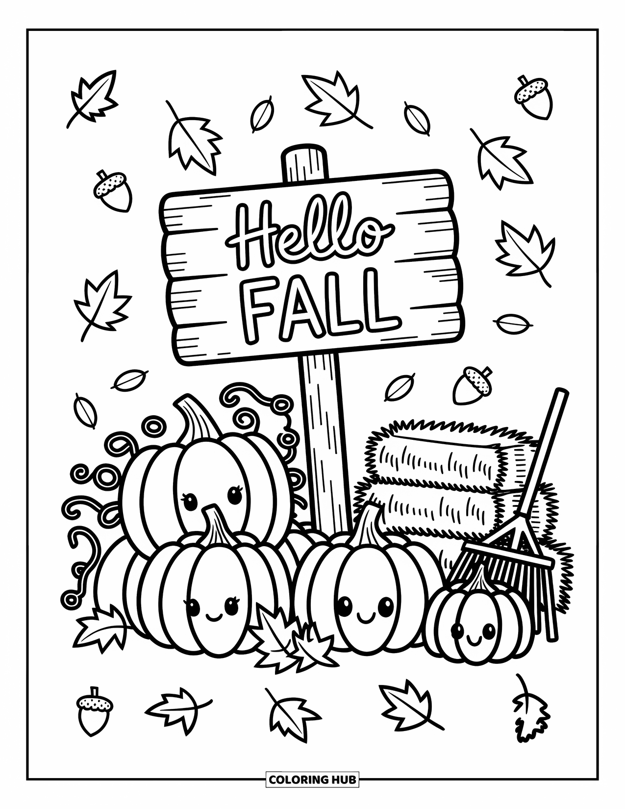 Hello Fall Coloring Page for Adults: A mug stack decorated with leaves and apples shares a warm Hello Fall vibe