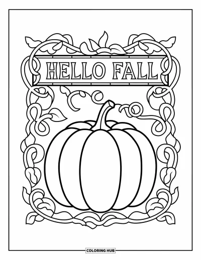 Coloriage Bonjour l'Automne pour adultes : Une citrouille avec des vignes tourbillonnantes est posée sous une bannière Hello Fall en vitrail