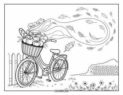 Coloriage Bonjour l'Automne pour adultes : Une douce brise traverse des champs de blé dorés et longe un charmant vélo garé