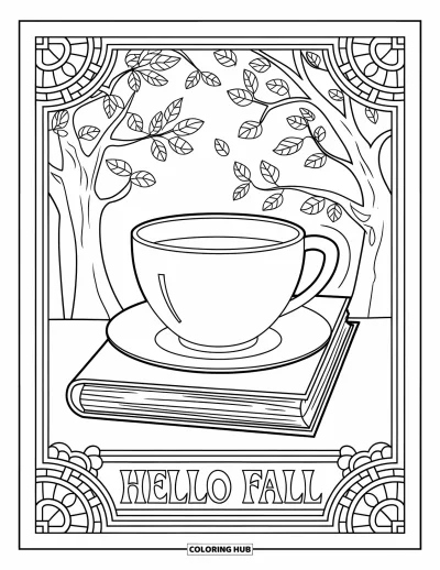 Coloriage Bonjour l'Automne pour adultes : Une tasse de thé posée sur des livres dans une scène d'arbre automnal aux vitraux