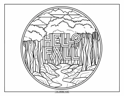Coloriage Bonjour l'Automne pour adultes : Un sentier forestier sinueux traverse les arbres sous Hello Fall dans un vitrail circulaire