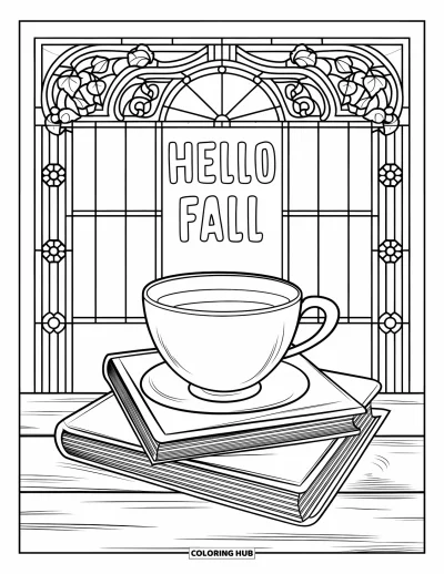 Coloriage Bonjour l'Automne pour adultes : Une tasse chaude sur des livres brille près d'une fenêtre avec Hello Fall dans les vitraux