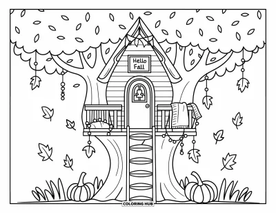 Coloriage Bonjour l'Automne pour adultes : Une cabane dans les arbres pleine de fantaisie est perchée en hauteur avec des guirlandes lumineuses, des couvertures et un petit panneau Hello Fall