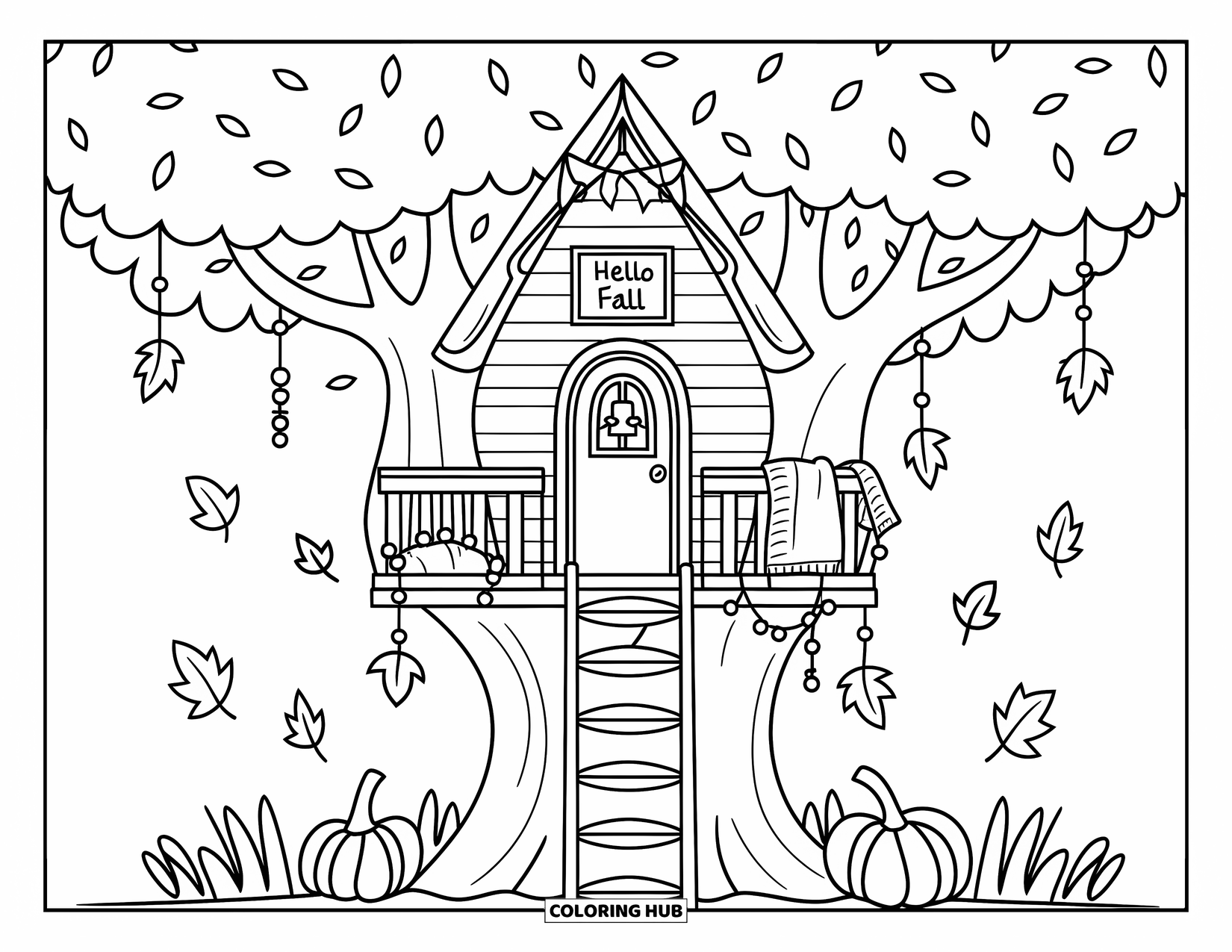 Hello Fall Coloring Page for Adults: A whimsical treehouse sits high with fairy lights, blankets, and a tiny Hello Fall sign