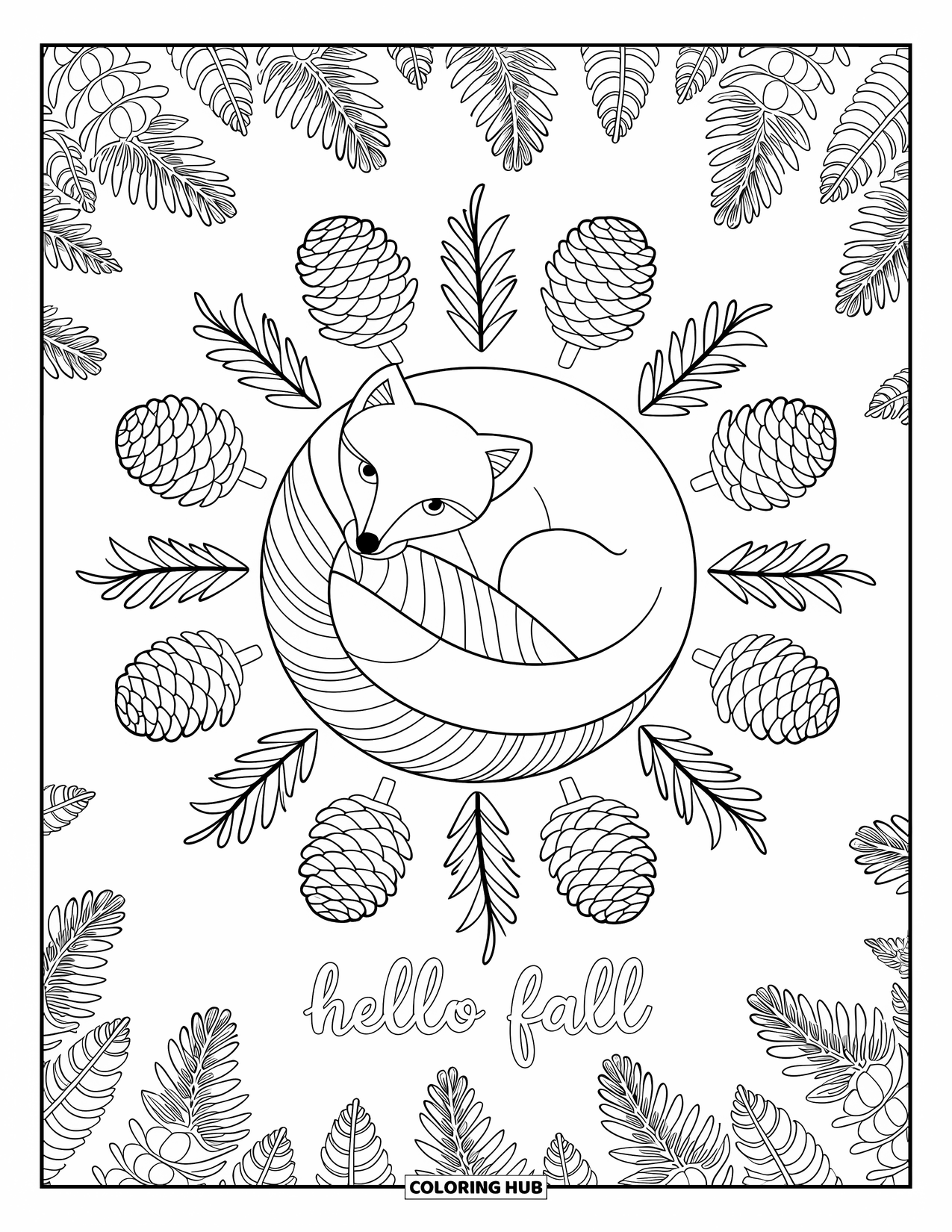 Hello Fall Coloring Page for Adults: A woodland fox is curled up in a mandala of pinecones and ferns