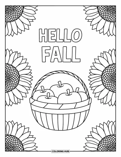 Coloriage Bonjour l'Automne pour adultes : Un panier de pommes est encadré par des mandalas de tournesols avec Hello Fall écrit au-dessus