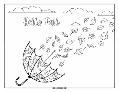 Coloriage Bonjour l'Automne pour adultes : Un parapluie laisse échapper des feuilles d'automne sous un ciel nuageux avec Hello Fall au-dessus