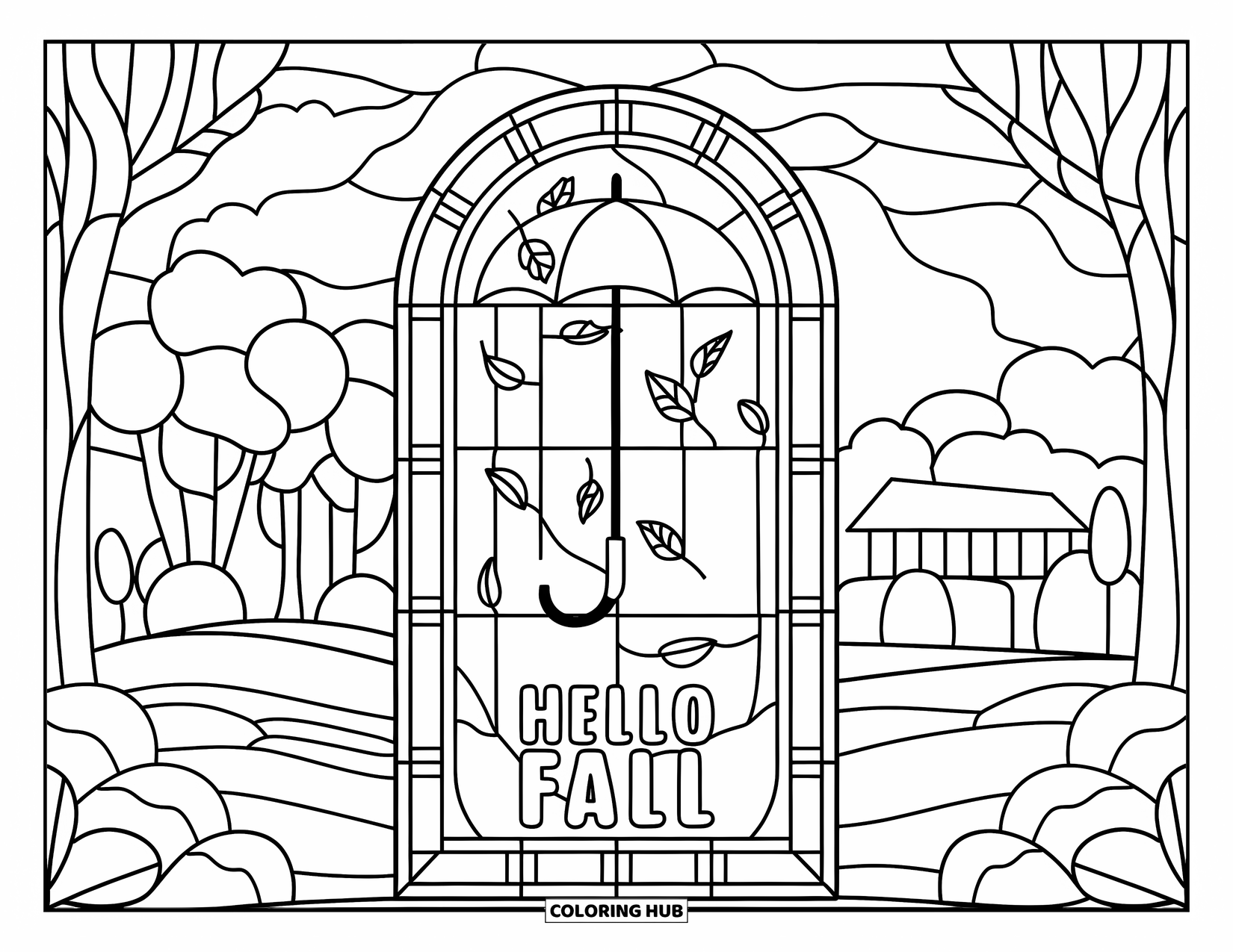 Hello Fall Coloring Page for Adults: An umbrella with falling leaves rests in a stained glass window marked Hello Fall