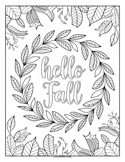 Coloriage Bonjour l'Automne pour adultes : Des feuilles détaillées forment une couronne autour de Hello Fall avec des motifs floraux en mandala