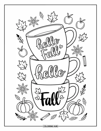 Coloriage Bonjour l'Automne pour adultes : Des épices d'automne et des fruits entourent des tasses gaies avec de joyeux motifs de saison
