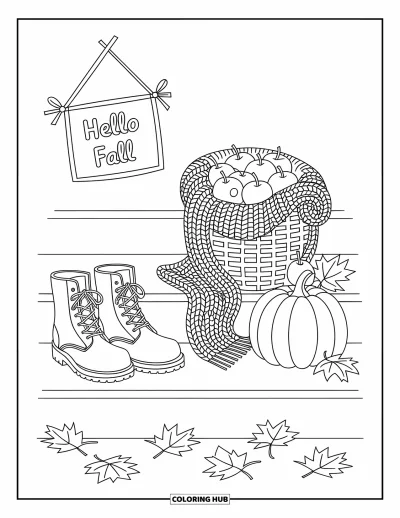 Coloriage Bonjour l'Automne pour adultes : Des feuilles tombées s'éparpillent autour de bottes, d'une écharpe et d'une citrouille sur de chaleureuses marches