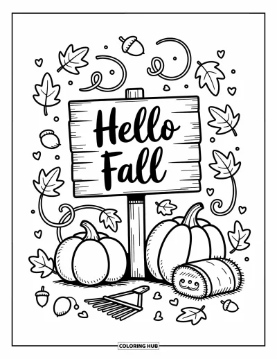 Coloriage Bonjour l'Automne pour adultes : Des feuilles et des glands flottants virevoltent au-dessus de citrouilles et d'un adorable panneau Hello Fall