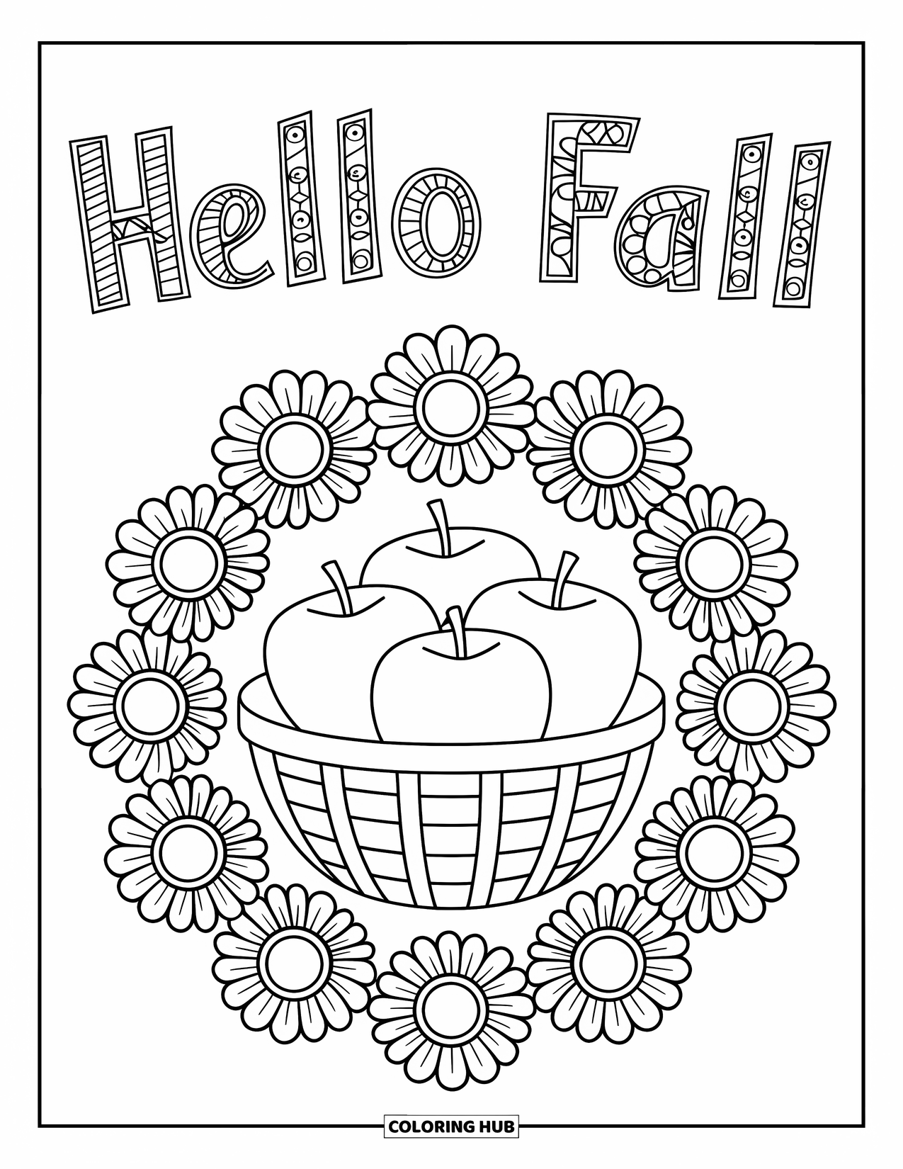 Hello Fall Coloring Page for Adults: Hello Fall appears above an apple basket bordered with sunflower mandalas