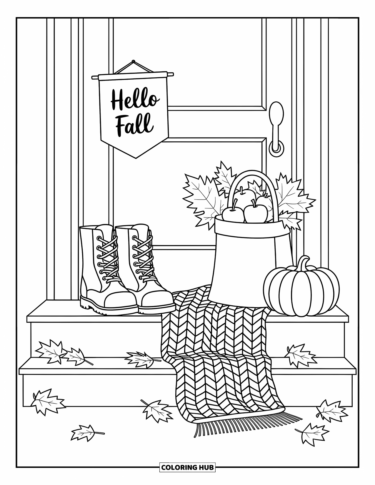 Hello Fall Coloring Page for Adults: Hello Fall hangs above apples, leaves, and boots on a rustic front porch