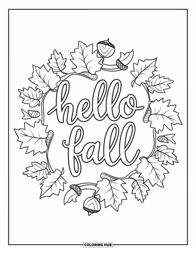 Coloriage Bonjour l'Automne pour adultes : Hello Fall en cursive est entouré d'un mandala détaillé de feuilles d'érable et de glands