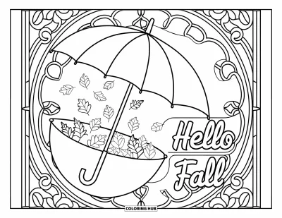 Coloriage Bonjour l'Automne pour adultes : Des feuilles tombent d'un parapluie ouvert encadré de vitraux avec le texte Hello Fall