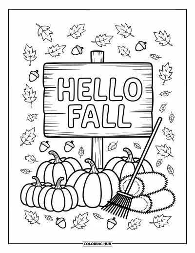 Coloriage Bonjour l'Automne pour adultes : Des mini-citrouilles et des vignes tortueuses s'assemblent autour d'un panneau d'automne avec un râteau à proximité