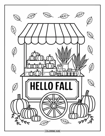 Coloriage Bonjour l'Automne pour adultes : Des citrouilles, des conserves et des épis de blé remplissent un chariot de marché automnal sous une banderole Hello Fall