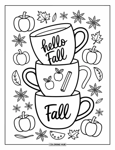 Coloriage Bonjour l'Automne pour adultes : De l'anis étoilé, une citrouille et des tranches de pomme entourent des tasses douillettes qui disent Hello Fall