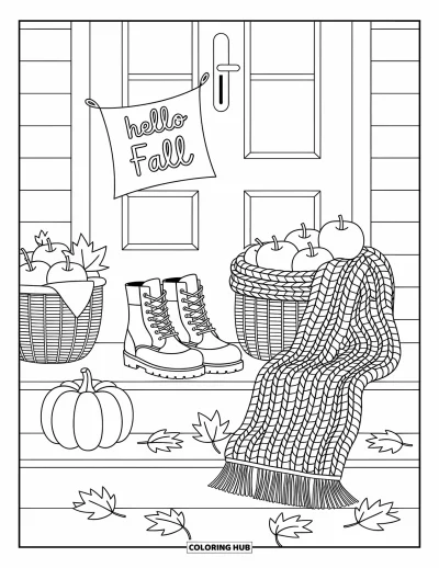 Coloriage Bonjour l'Automne pour adultes : Des feuilles tourbillonnantes dansent au-delà d'une fenêtre paisible garnie d'objets chaleureux d'automne